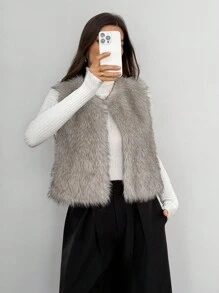 SHEIN Tall Women's Solid Color Open Front Fluffy Vest Jacket For Winter Fur Vest