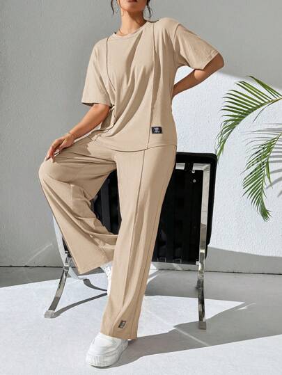 Mulvari 2 件女式纯色圆领长袖上衣和裤子套装，休闲日常穿着，休闲装运动服 2 件套休闲套装，适合散步/运动/返校和日常休闲装 2 件套