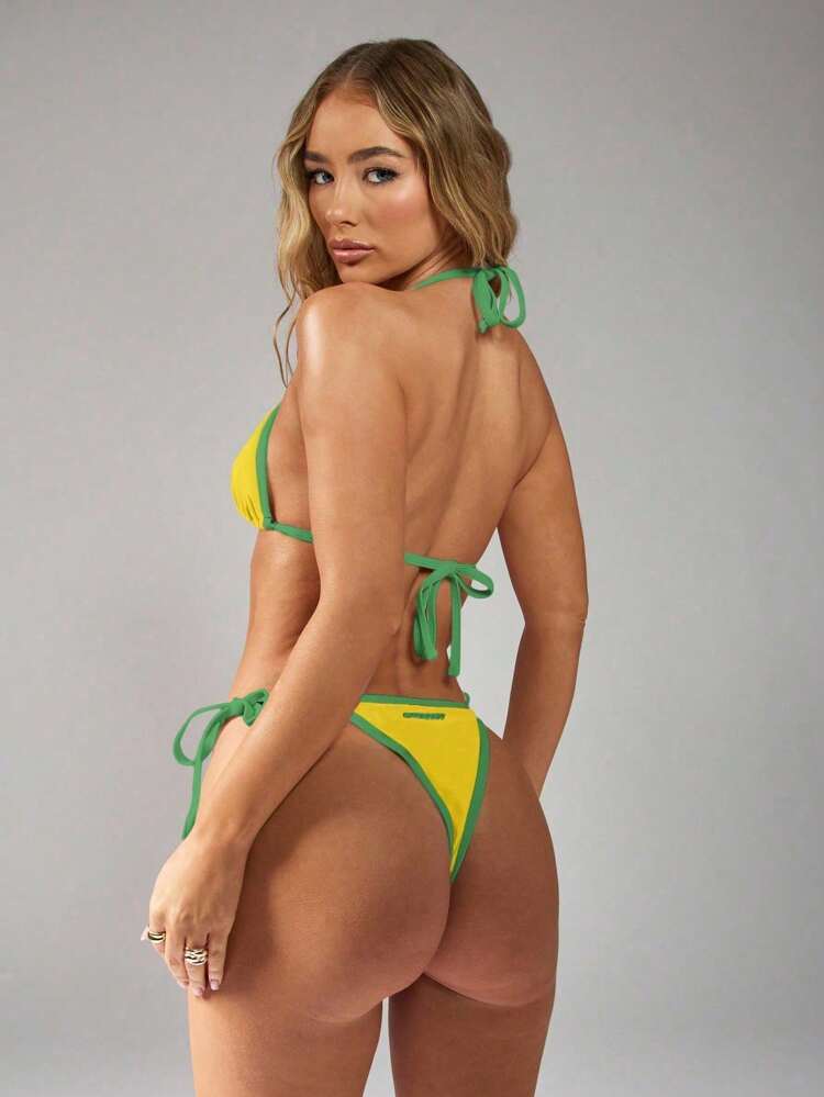 MISSGUIDED Triangle Bikini Set Brazilian Cut Side Tie Bottom Halter Top Two Piece Swimsuit Beach Pool Summer Retro Style High Cut Leg Athletic Sport