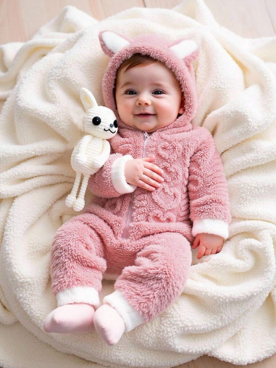 SHEIN Bộ áo liền quần dài tay màu hồng dễ thương phong cách đường phố cho bé gái, có mũ trùm đầu và tai trang trí, cổ tay và viền áo bằng lông giả màu trắng, thích hợp mặc hàng ngày, chụp ảnh, du lịch, mùa thu/đông. Áo liền quần mùa đông ấm áp cho bé gái, trang phục mùa đông thoải mái cho bé gái, quần áo mùa thu cho bé gái. - Hồng - Xem 1