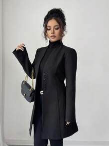 SHEIN Tall 女士休闲立领羊毛混纺修身夹克 - 黑色 - 查看 3