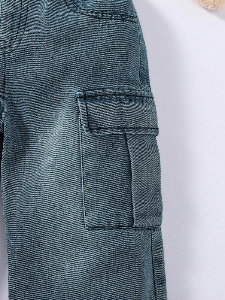 Young Girls & Cute Oversized Pocket Wide Leg Denim Jeans Cargo Jeans Kids Cargo Jeans For Girls Baggy Cargo Jeans Cargo Jeans Girls Baggy Jeans For Girls - Dark Wash - View 3
