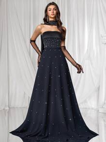 Coutiva 女式水钻装饰露肩正式晚礼服，束腰，优雅 - 黑色 - 查看 7