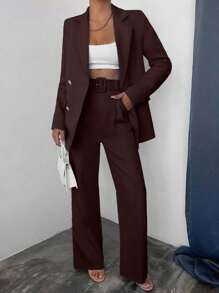 EURMUSE Women's Solid Color Lapel NeckLong Sleeve Jacket And Pants Casual Suit Set - Brown - View 1