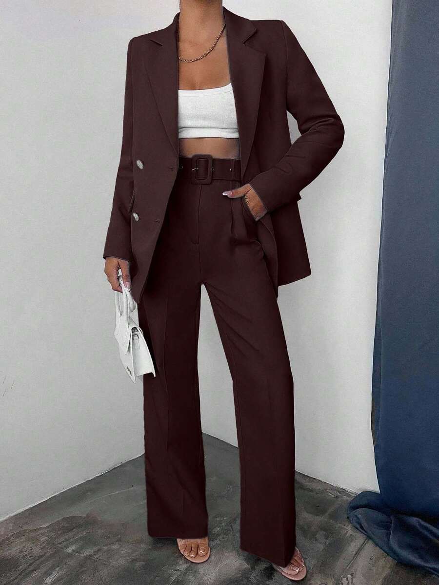 EURMUSE Women's Solid Color Lapel NeckLong Sleeve Jacket And Pants Casual Suit Set - Brown - View 1