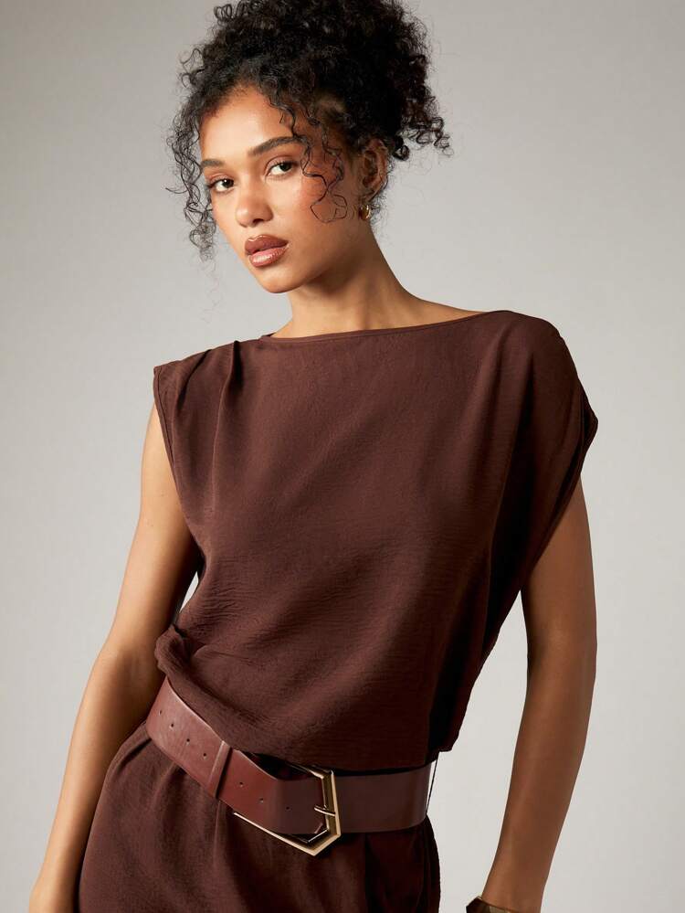 AiiRZ Mini Draped Dress Boat Neck Sleeveless Fall Winter Chic Office Party Sophisticated Belted Dress High Fashion Executive