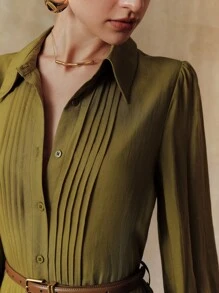 Arave 女士天丝纯色衬衫领全纽扣装饰长袖束腰系带舒适透气休闲连衣裙，适合夏秋季日常、度假、约会、通勤、购物 - 綠色 - 查看 2