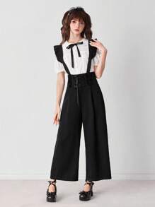 ROMWE EDITION Women's Fashionable Versatile Solid Color Criss-Cross Tie Pants - Black - View 6