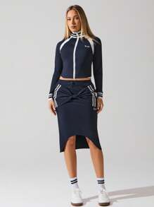 Fluxe 女士休闲可拆卸蝴蝶结和字母刺绣 A 字裙 - 藏蓝色 - 查看 4