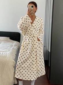Livesso Heart Pattern Allover Print Long Sleeve Casual Bathrobe With Waist Belt Pajama, Fall, Winter - Black and White - View 3