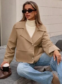 EURMUSE Women's Solid Button Front Casual Short Winter Coat - Beige - View 5