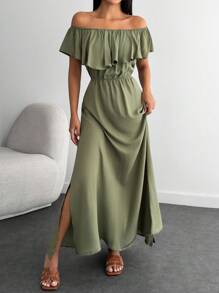 EURMUSE Petite Petite Size Holiday Ruffle Off Shoulder Dress - Army Green - View 1