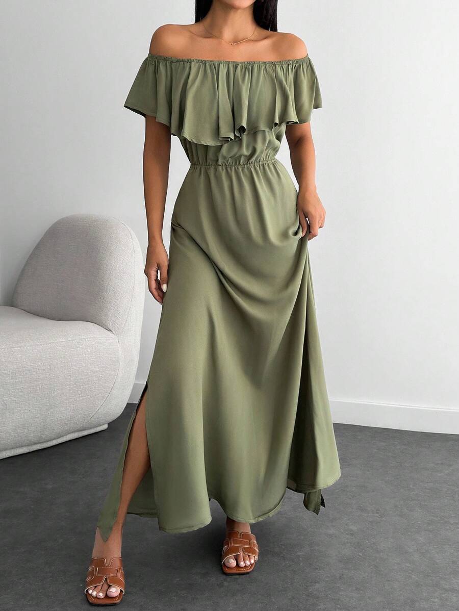 EURMUSE Petite Petite Size Holiday Ruffle Off Shoulder Dress - Army Green - View 1