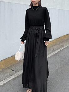 FRIFUL Women's Mock Neck Knit Patchwork Chiffon Loose High Waist Dress - Black - View 5