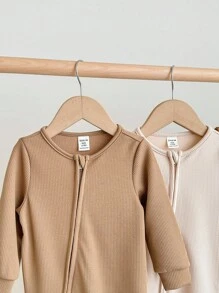 男宝宝舒适纯色圆领长袖前拉链柔软睡衣连体衣