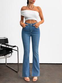 EURMUSE Jeans a vita alta, comodi, a gamba dritta lunga - Blu lavato medio - Visualizzare 1
