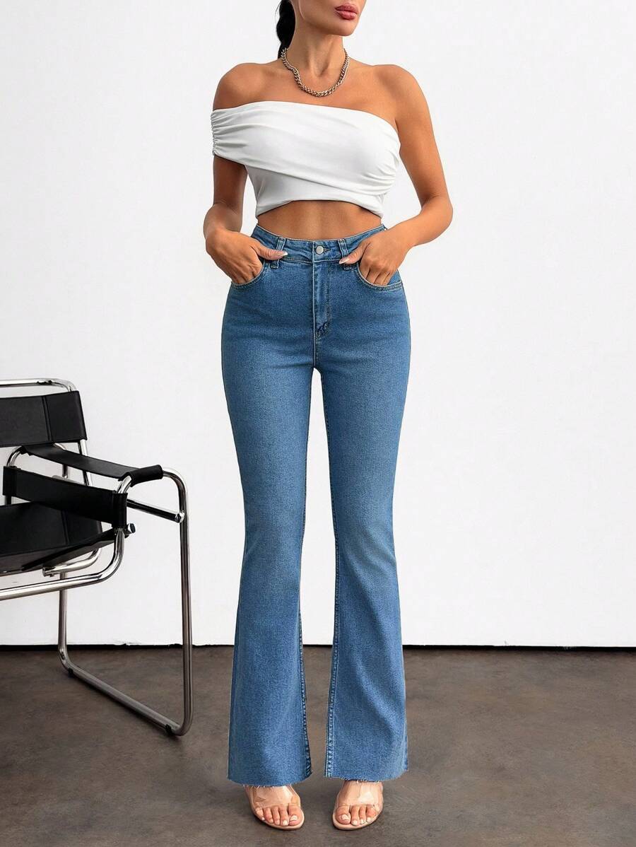 EURMUSE Jeans a vita alta, comodi, a gamba dritta lunga - Blu lavato medio - Visualizzare 1