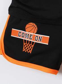 SHEIN 年輕男孩籃球字母圖形對比綁定背心上衣和短褲 - 黑色 - 查看 4