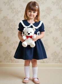Souflis Souflis Baby Girl Elegant Academy Sweet Navy Blue & White Ruffle Peter Pan Collar Puff Sleeve Dress, Suitable For School, Everyday Wear, And Photos, Summer - Navy Blue - View 1