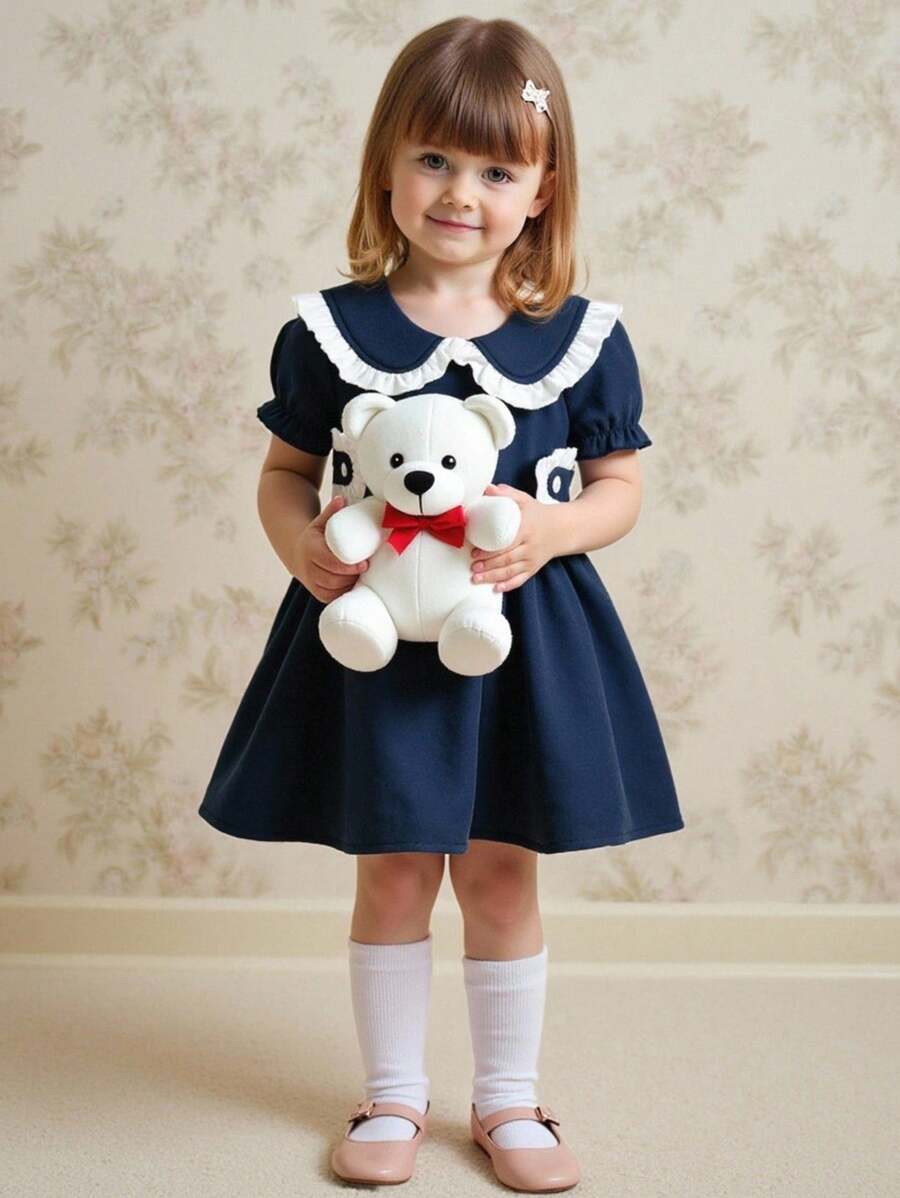 Souflis Souflis Baby Girl Elegant Academy Sweet Navy Blue & White Ruffle Peter Pan Collar Puff Sleeve Dress, Suitable For School, Everyday Wear, And Photos, Summer - Navy Blue - View 1
