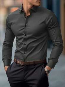 Calvornis 男士深灰色半透明长袖商务衬衫，常规版型，深灰色涤纶纽扣衬衫，适合商务穿着，常规下摆和衬衫领，男士休闲通勤日常简约纯色长袖衬衫，优雅男士长袖纯色衬衫，适合商务通勤，常规长度，春秋季男士灰色正装衬衫，男士正装衬衫，男士商务休闲衬衫，男士弹力衬衫，修身正装衬衫，商务正装风格，秋季