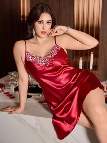 SilkySpell Plus Size Faux Silk Lace Trim Slip Dress - Burgundy - View 4