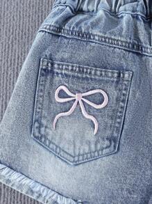 Sparklyn Tween Girls Y2K 风格复古浅色水洗牛仔短裤，粉色蝴蝶结刺绣和口袋，宽松直筒版型，柔软舒适的材质，街头潮流