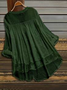 SHEIN LUNE Kemeja Wanita Ukuran Besar Kasual Warna Polos Bordir Bunga Kerah Berlekuk Pakaian Musim Gugur - Dark Green - View 2