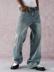 Manfinity EMRG 复古水洗蓝色直筒牛仔裤，带水钻星星装饰，春夏 - 藍色 - 查看 7