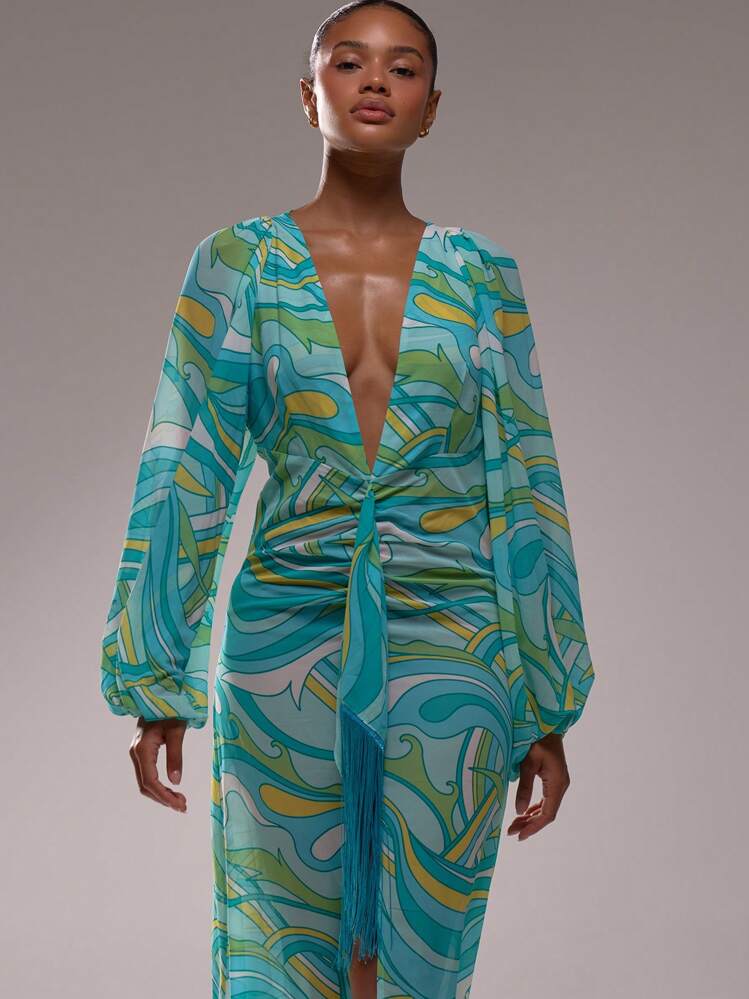 MUSERA Deep V Neck Loose Fit Tassel Detail All Over Print Long Sleeved Maxi Dress Spring Summer Vacation Elegant Wedding Guest Holiday Beach Ibiza Long Dress - Blue - View 5