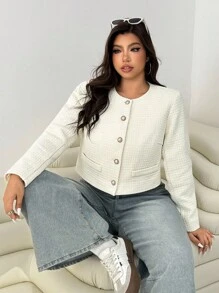 SHEIN EZwear 大码女式长袖单排扣休闲大衣 - 杏色 - 查看 3