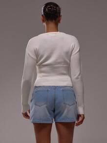 MUSERA 罗纹针织修身长袖开衫，纽扣设计，可爱夏日度假时尚款 - 奶油色 - 查看 2