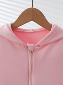 女童休闲粉色郁金香刺绣拉链连帽夹克，秋季 - 粉色 - 查看 3
