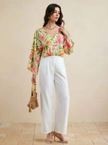 Miriam Omar Multi Floral Printed V Neck Tie Back Flared Sleeves Summer Bodysuit Women Casual Vacation - Multicolor - View 6