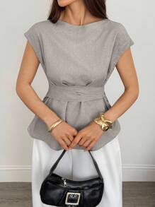 SHEIN Tall 亚麻蝙蝠袖休闲上衣，夏季，毕业，教师，返校 - 卡其色 - 查看 8