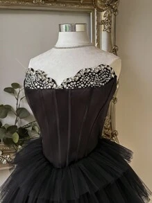 Lovelzi 优雅奢华红色哑光缎面手工水钻缀饰露肩蝴蝶结装饰 A 字褶皱礼服 - 黑色 - 查看 3