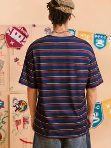Paul Frank X SHEIN Men's Striped & Cartoon Graphic Round Neck Short Sleeve T-Shirt