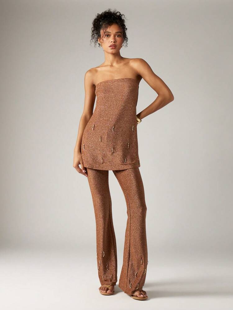 Glittery Bandeau Top And Flared Pants Set