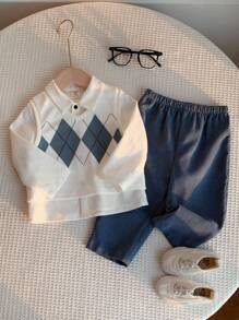 SHEIN 3pcs Baby Boy Casual Argyle Vest, White Shirt, Blue Casual Pants Outfit, Suitable For Birthday Party, Evening Party, Performance, Wedding, Baby Shower, Christening, 1st Birthday Celebration - Multicolor - View 4