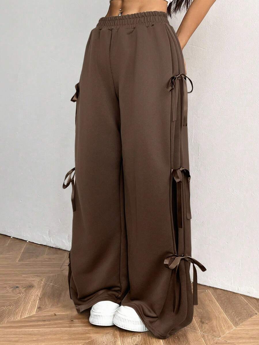 SHEIN EZwear 女士休闲运动裤，带蝴蝶结抽绳，咖啡棕色 - 咖啡棕 - 查看 1