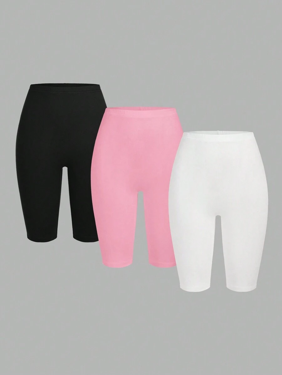 SHEIN EZwear 純色休閒短款緊身褲,適合夏秋季,女款緊身剪裁,適用於皮拉提斯健身房,黑色、淺粉色、白色 - 彩色 - 查看 1