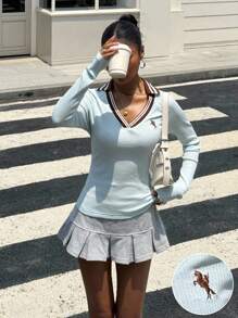 Muchica Áo thun tay dài cổ chữ V kẻ sọc phối màu đơn giản, Xuân/Thu - Màu xanh lam - Xem 5