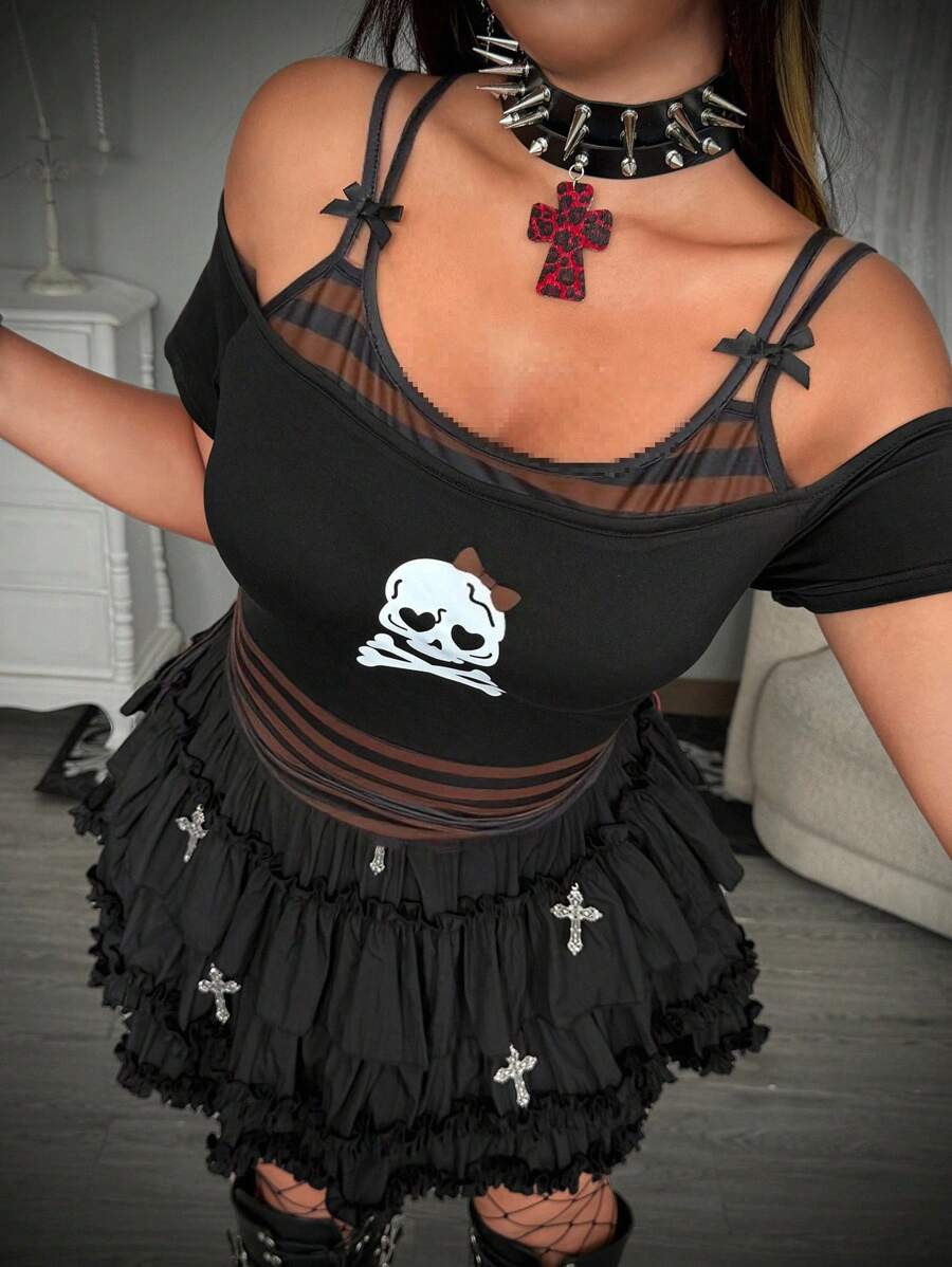 Whyspr Plus Size Summer Fashion Contrast Stripe Patchwork Off-Shoulder Camisole T-Shirt - Coffee Brown - View 1