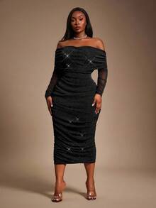 Radiana 大码女式秋冬、春夏优雅华丽迷人性感基本款亮片网眼面料露肩褶饰网眼紧身连衣裙，闪亮、闪亮、时尚，适合日常穿着派对礼服 - 黑色 - 查看 7