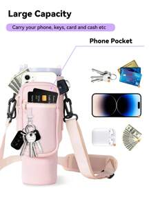 1 件带手机袋的水瓶袋，适用于 40/30 盎司带手柄的玻璃杯，带可调节肩带，钥匙钩，适合徒步旅行露营运动水瓶套隔热袋斜挎包 - 彩色 - 查看 7