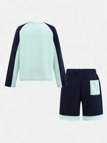 JNSQ Conjunto de uniforme de manga larga y pantalones cortos para deportes al aire libre para volver a la escuela, niños con cuello redondo, parches de color contrastante y estampado divertido, conjunto de manga larga y pantalones cortos para deportes al aire libre - Multicolor - Ver 6