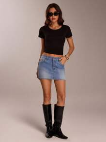 SHEIN Forever 21 Váy mini denim xanh nhạt thường ngày có túi cho nữ - Rửa nhẹ - Xem 5