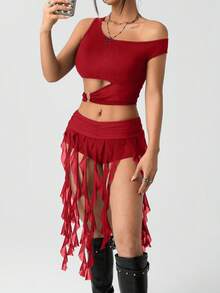 SHEIN ICON 女式低腰黑色高开衩不对称网眼垂坠不对称下摆半身裙 - 酒紅色 - 查看 6