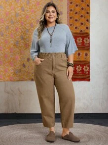 EMERY ROSE Plus Paperbag Waist Mom Fit Jeans - Khaki - View 3