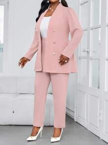 SHEIN Lady 秋冬优雅通勤办公粉色针织立领金色纽扣长袖加大码套装加大码仿皮草外套 - 藕粉色 - 查看 3